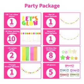 Glow in The Dark Party Supplies Set,Let's Glow Banner Neon Streamers Neon Garland Triangle Flag Fluorescent Tinsel Foil Fringe Curtains Glow Glasses UV Blacklight Reactive Kit For Birthday Wedding
