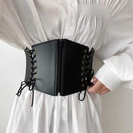 Joukavor Women's Medieval Viking Wide Leather Belt Black Corset Waist Belt Ren Faire Accessory (Black-04)