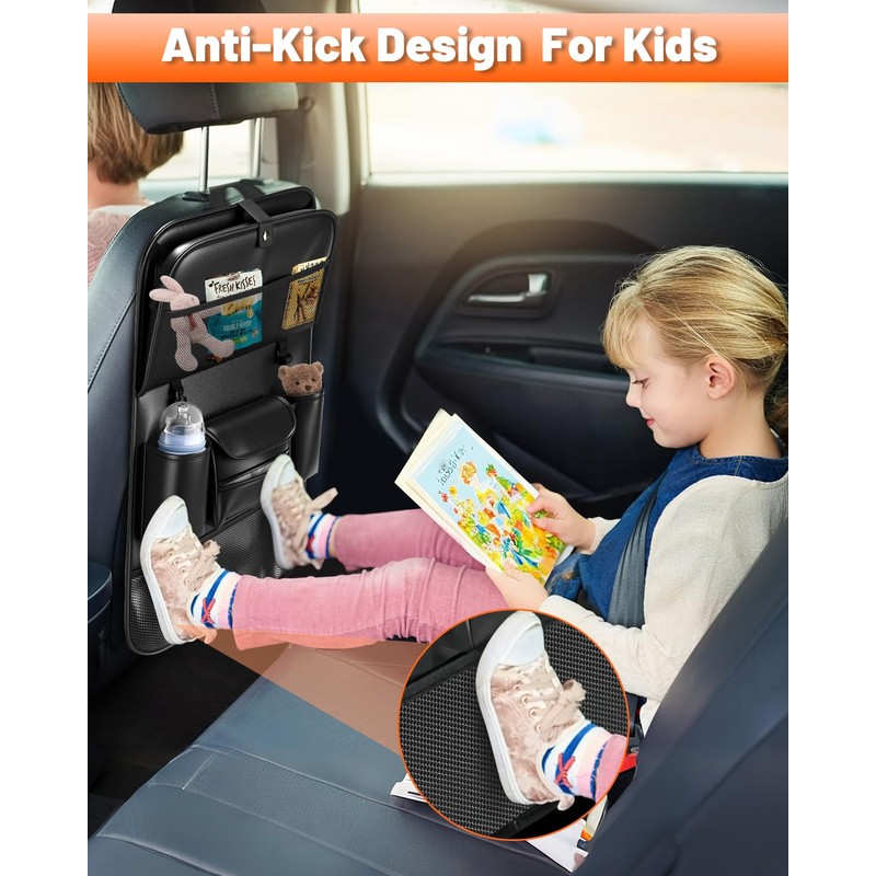 2 Pack Leather Car Backseat Organizer with Foldable Table Tray,