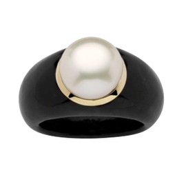 PalmBeach 10K Yellow Gold Round Genuine Cultured Freshwater Pearl set in Genuine Black or Green Jade Ring (11 mm) Size 10
