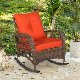 W WARMHOL Outdoor Wicker Oversized Rocking Chair, All Weather- Resistant Patio Rocking Chair for Garden Lawn, Patio Wicker Furniture Seat with 4” Thick Cushion, Orange