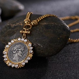 GUBIREF Ancient Greek mythology, 18K Gold Plated Sterling Silver The Goddess Fortuna Coin Pendant Necklace, Jewelry Gift For Women.… (cherry)