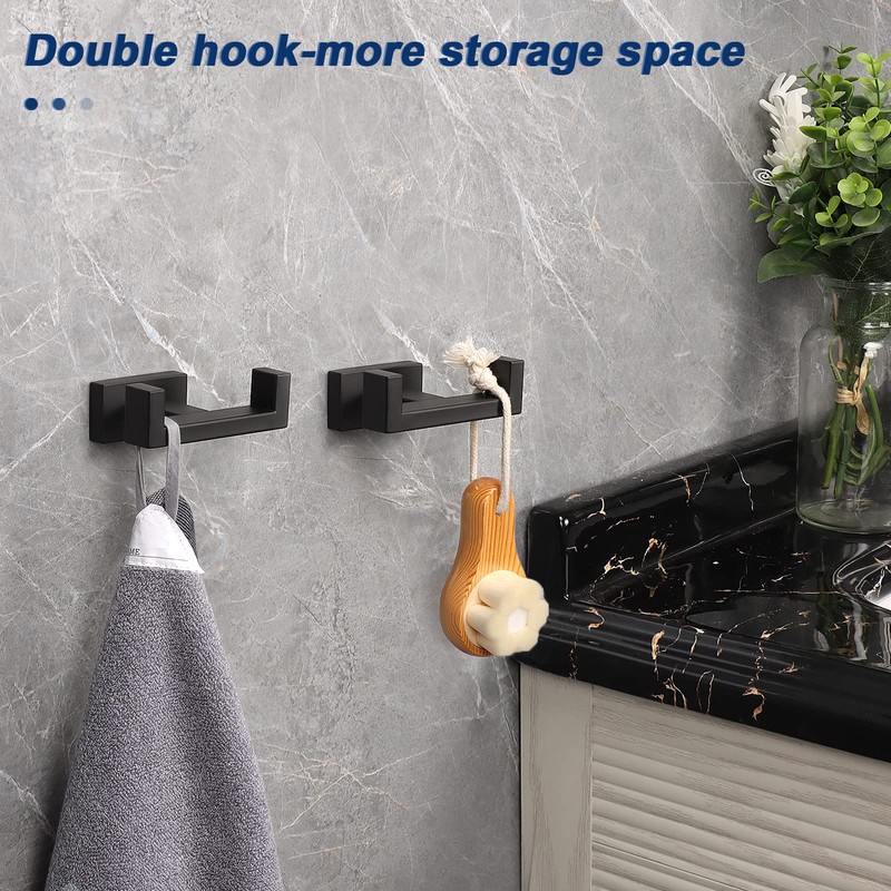 NearMoon Bath Double Towel Hook- SUS304 Stainless Steel Square Robe