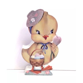 Duck Figurine Easter Wood Vintage Inspired Free Standing Sparkly