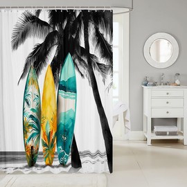 Castle Fairy Surfboard Shower Curtain - Tropical Coconut Tree Hawaiian Ocean Beach Barn Door Waterproof Curtain for Kids Adult Room Decor Sea Surfing Sports Bath Curtain, Blue White