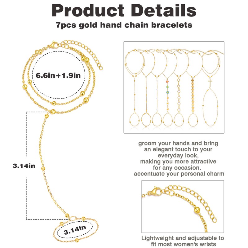 BOMAIL 7Pcs 14K Gold Plated Gold Hand Chain Bracelets for