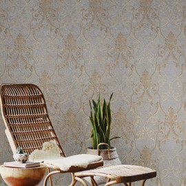 Zambaiti Parati Vinyl Gray Bronze Metallic Victorian Damask Faux Concrete Plaster Wallpaper Textured 3D Embossed