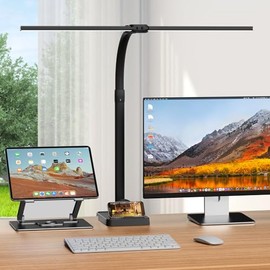 APMIEK LED Desk Lamp with Base - Bright Dimmable Computer Lamp with Phone Holder, 24W Bendable Desk Light for Monitor Screen, Eye-Caring Tall Desktop Light for Task Home Office Work, Black, Dual Head