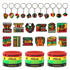 Liobelon 74 Pieces Juneteenth Party Supplies, Happy Black History Month Party Favors Set, 12 Pcs Juneteenth Rubber Bracelets, 12Pcs Juneteenth Rubber Keychain, 50Pcs Juneteenth Stickers