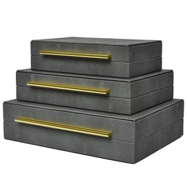 DECOR4SEASON Faux Shagreen Leather Decorative Jewelry Storage Nesting Organizer Boxes with Lids Gold Handle Set of 3, Grey