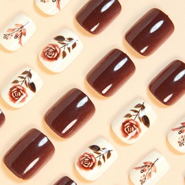 Fall Press on Nails Thanksgiving Short Square Fake Nails with Designs Rose Floral Wheat Heads Leaves Brown Glue on Nails 24 Pcs Reusable Acrylic Nail for Women WYFHDT