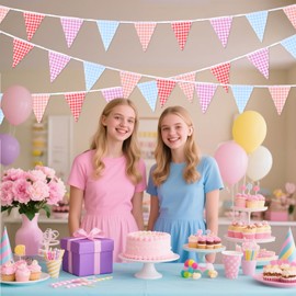 CORNER LACE 16Ft Rainbow Fabric Triangle Flags Banner 3 Pcs - Cloth Bunting Garland Streamer for Baby Shower Birthday Party Home Outdoor Garden Hanging Decor (Blue/Red/Purple/Orange Checkered)