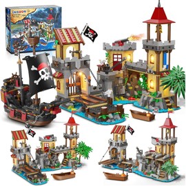 INSOON 1502 PCS Pirate Castle Building Set, 3 Modes Big Pirates Ship Bay Building Block