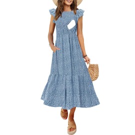 CzzzyL Nursing Dress Breastfeeding Women's Fashion Smocked Bodice Ruffle A Line Latched Mama Midi with Pockets(FloralBlue,Small)