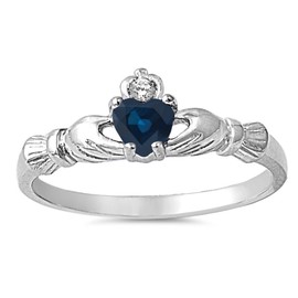 925 Sterling Silver Faceted Natural Genuine Blue Sapphire Claddagh Heart Promise Ring Size 6