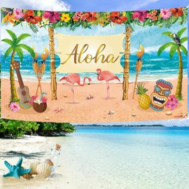 Hawaiian Aloha Party Decoration, Extra Large Summer Luau Beach Party Banner Backdrop Background Photography for Birthday Musical Party Baby Shower Tropical Tiki Themed Decoration(180 * 110cm)