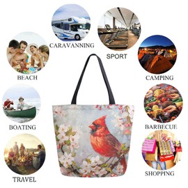 Fashion Pattern Extra Large Shoulder Grocery Tote Bag, Beautiful Cardinal in Cherry Flower Branch Canvas Daily Handle Bag for Gym Weekender Beach Travel Kitchen Reusable Market Shopping