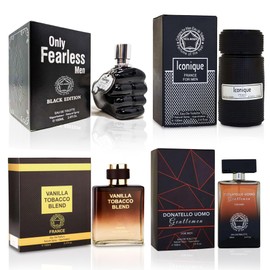 META-BOSEM Only Fearless+Iconique+King Oud+Dona Gentlemen 4Pc Set Men's Cologne Blue bottle Collection, Eau de Toilette Spray - Fresh Masculine Scent - Holiday Gift (Pack of 4) Each 3.4 Fl Oz, Total 1