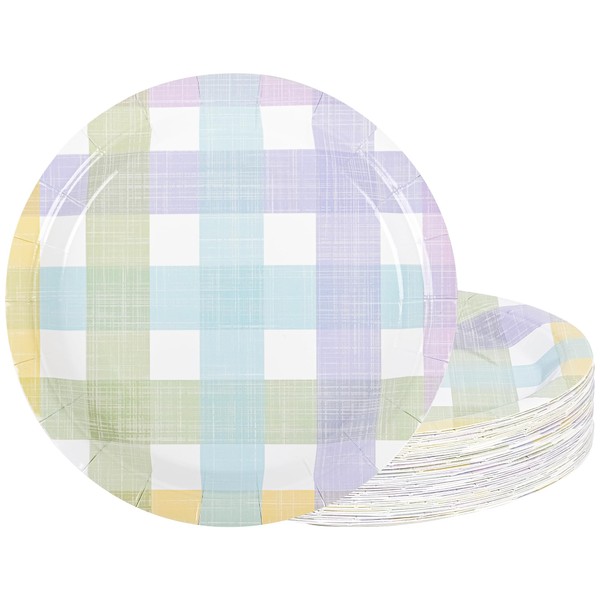 AllReal 48Pcs Spring Easter Dessert Plates Pastel Gingham Disposable Paper