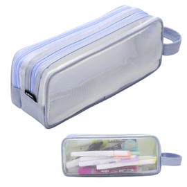 Fjquamitix Clear Pencil Case for Exams, Large Capacity Transparent Mesh Pencil Case with 2 Compartments, Big Pen Pouch Bag Stationery Storage Organizer for School College Home Office Travel (Blue)