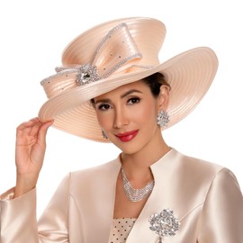 Go Mai Women's Church Hat for Baptism Wedding Wide Brim Rhinestone Fascinator Sunday Chapel Tea Party Hat