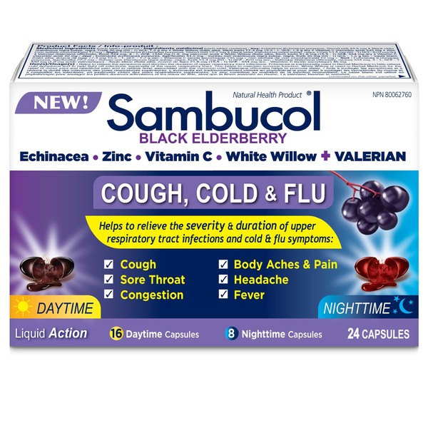 Sambucol Black Elderberry – Cough, Cold and Flu Day/Night| Helps Relieve Congestion, Fever Sore Throat & Head Pain | Black Elderberry, White Willow| 24 Hard Capsules (18 Day/6 Night)
