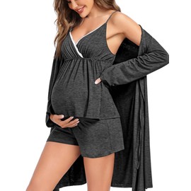 SWOMOG Womens Maternity Robe Set 3 Piece Nursing Pajamas for Breastfeeding 3 in 1 Labor Delivery Hospital Pregnancy Pjs Deep Grey