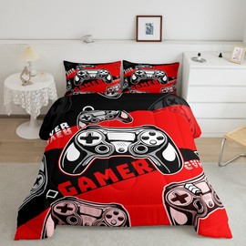 Erosebridal Gaming Bedding Set Full Size Gamer Console Comforter Set for Boys Girls Kids Teens Red and Black Gaming Comforter Sets,Soft Microfiber Gamer Bedding Sets with 2 Pillow Shams