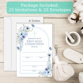 Dr.Baner First Holy Communion Invitation Card, Blue Floral Baptism Invitations For Girls Boys, Christening Fill In Invites, Religious Celebration Decorations Baby Shower Supplies, 04
