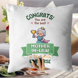 MUGFFINS MOTHER IN LAW Cushion Padding included - in English - Best in Universe Trophy - Funny gift - Pillow: cover and filling 15.7x15.7 inches