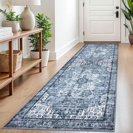 SIILOOM 2.6x8 Blue Washable Rug for Entrance, Soft Printed Area Rug, Non-Slip Kitchen Rugs, Low-Pile Medallion Indoor Door Mat, Small Farmhouse Carpet for Entryway Kitchen Foyer Bedside