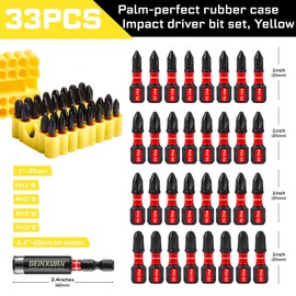 Geinxurn Impact Phillips Screwdriver Bits Set, 33 Pieces 1”Magnetic(PH1/PH2/PH3) S2 Steel Multi Cross Driver Bits and 1 Pc Bit Holder with Yellow Soft Base