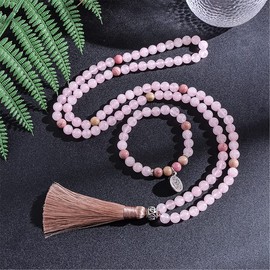 Hovaete 108 Mala Prayer Beads Necklace 8mm Natural Stones Meditation Yoga Jewelry Sets 108 Hand Made Japa Mala Beaded Long Tassel Necklace with Tassel Pendant for Men and Women (Rose quartz)