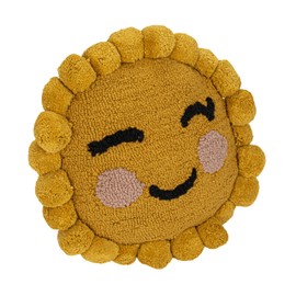Creative Co-Op, Yellow, Cotton Punch Hook Sun Shaped Pillow with Face Pom Trim, Black and Pink