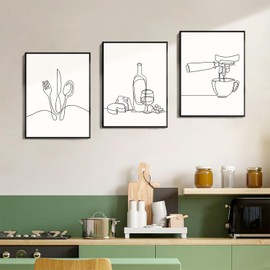 Dazzlewall Set of 3 Minimalist Line Kitchen Wall Pictures, Black White Abstract Line Canvas Pictures for Dining Room, Coffee, Bar, Living Room Decoration, 30 x 40 cm, Unframed