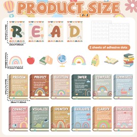 Boho Reading Strategies Posters Educational Reading Bulletin Board Classroom Decorations Rainbow Book Apple Cutouts for Library Kindergarten Elementary Middle School Wall Decor Teacher Supplies