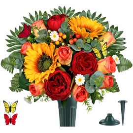 MUVIC Artificial Cemetery Flowers for Outdoor Grave Decorations，Memorial Flower- Realistic Sunflower Rose - Sympathy Bouquet
