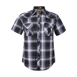 COEVALS CLUB Men's Western Cowboy Short Sleeve Pearl Snap Casual Plaid Work Shirts (Black & Gray #9, L)