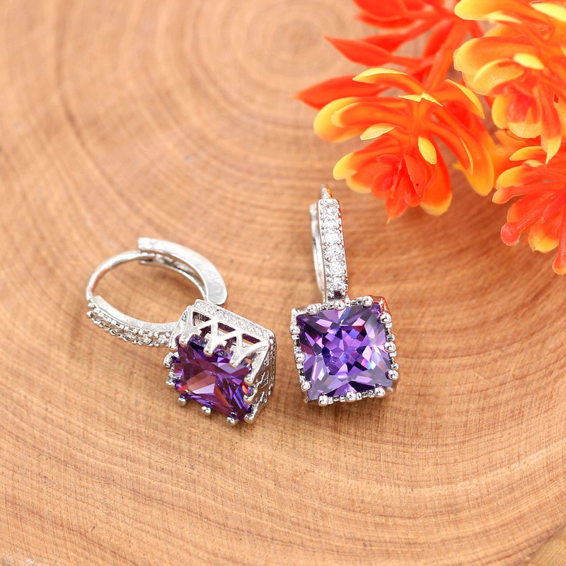 Uloveido Platinum Plated Square CZ Crystal Drop Earrings Womens Hoop