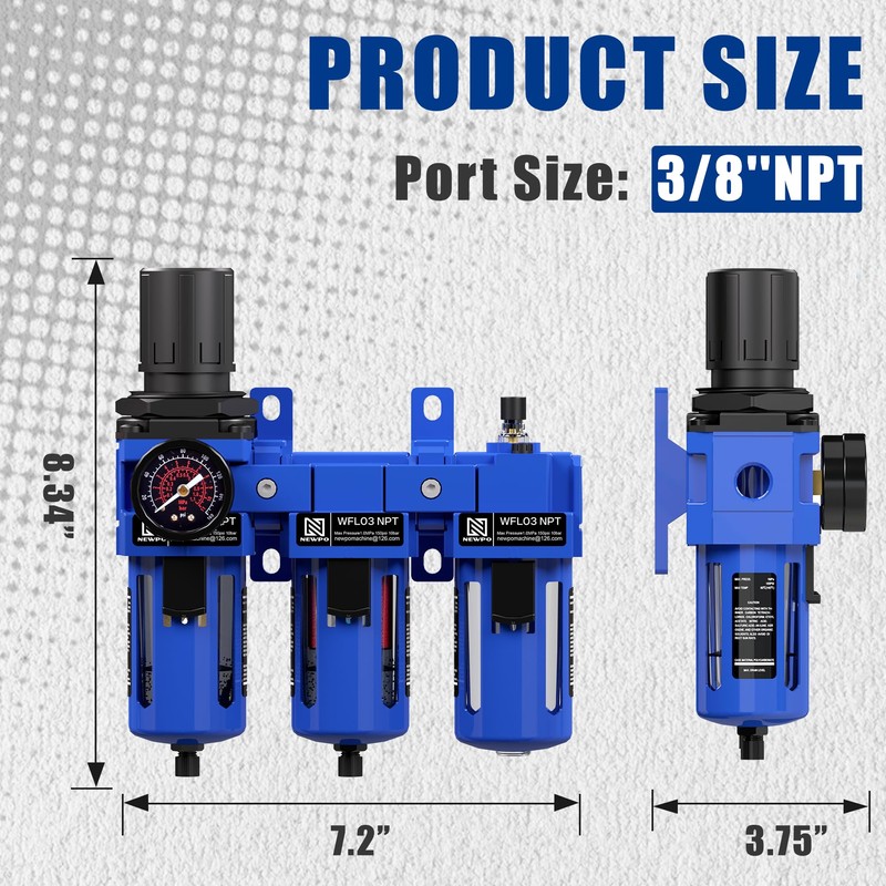 NEWPO 3/8'' NPT Compressed Air Filter Regulator Lubricator Combo Water/Oil
