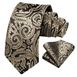 HISDERN Check Paisley Wedding Party Tie Handkerchief Men's Necktie & Pocket Square Set Black/Brown