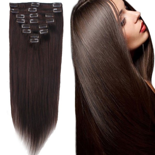 FIRSTLIKE 80g 22" Dark Brown 100% Clip In Remy Human Hair Extensions Unprocessed Full Head Smooth Soft Straight 8 Pieces With 18 Clips Attached Wefts For Women Beauty