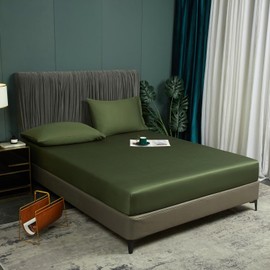 Fitted Sheet 180 x 200 cm Bamboo Green Olive Green Cooling Breathable and Anti-Allergic Bed Sheet 100% Bamboo Fitted Sheet 180 x 200 Double Bed Plain Sheet for High Mattress High Bridge up to 25-30 cm