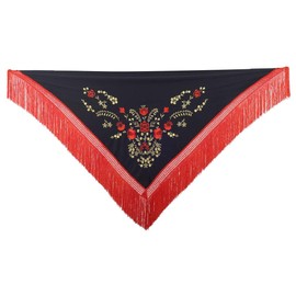 La Senorita Spanish Flamenco Dance Shawl black red gold with red Fringes