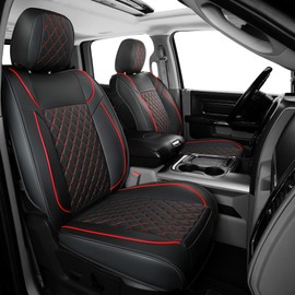 FREESOO Car Seat Covers Full Set for Dodge Ram 2009-2024 1500 2500 3500 Classic Crew Quad Cab Leather Seat Cover with Concave Bench Black Red