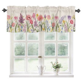 YOKOU Kitchen Curtains Valances, Easter Tulip Flower Spring Vintage Floral Short Rod Pocket Valances for Windows for Bedroom, Bathroom, 1 Panel, 54" W x 18" L
