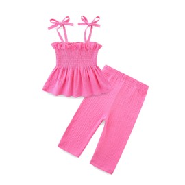 JingleBaBa Toddler Girl Summer Clothes Solid Color Sweet Camisole Ruffle 2-Piece Infant Cotton Linen Pants Set, Rose Red, 18-24 Months