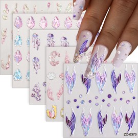 5D Summer Nail Art Stickers Decals Crystal Soft Glue Embossed Nail Stickers Jellyfish Seashell Fishtail Designs Nail Decals Self Adhesive Stickers Acrylic DIY Nail Supplies Accessories Women Nail Decoration 5 Sheet