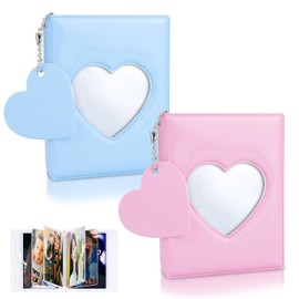 CIOUYAOS 2 x Kpop Photocard Binder Photo Album, 3 Inch 64 Pockets Mini Heart Kpop Photo Album with Key Ring, Small Photocard Holder for Collecting Picture, Lomo Card (Pink+Blue)