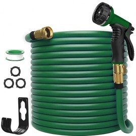 Garden Hose 100FT, Lightweight & Flexible Water Hose with 10-Pattern Spray Nozzle - Kink-Free, Leak-Proof, 3/4" Brass Fittings for Yard, Lawn, Car Washing, Gardening (Green, Heavy Duty, All-Weather)